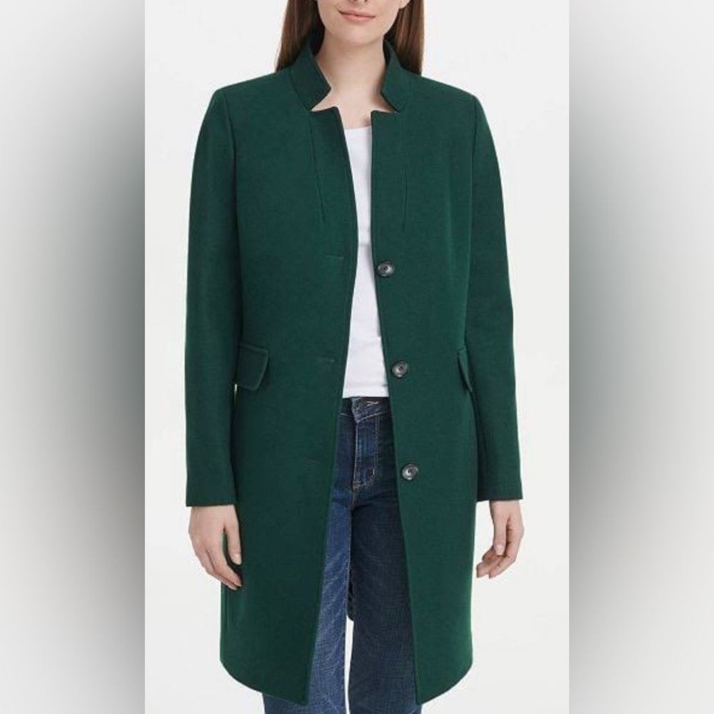 DKNY Stand Collar Emerald Green Wool Blend Coat, Size: Medium